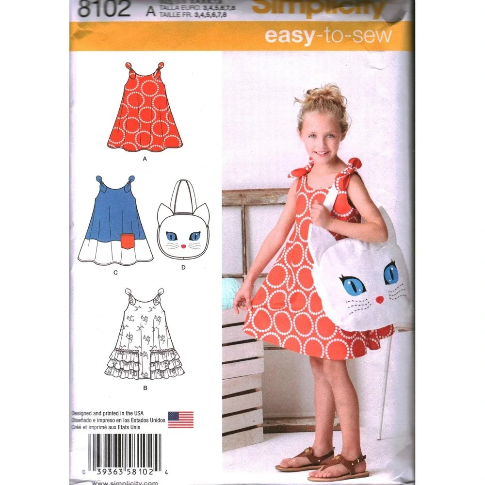 Simplicity 8102 Child Sundress and Kitty Tote Sewing Pattern Size 3-8 Easy Sew